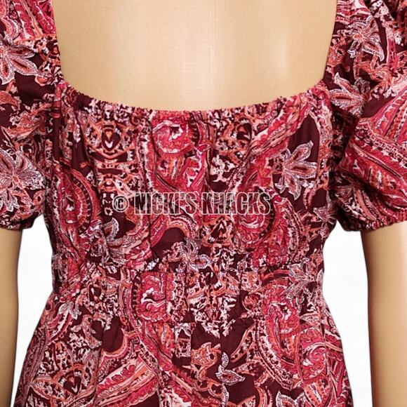 BOG Collective Midi Dress Cottagecore Burgundy Puff Sleeve Boho Prairie Size S - Picture 7 of 10